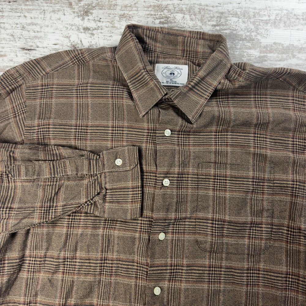 VTG Brooks Brothers Sport Shirt XL Brown Glen Plaid Twill Long Sleeve USA Made